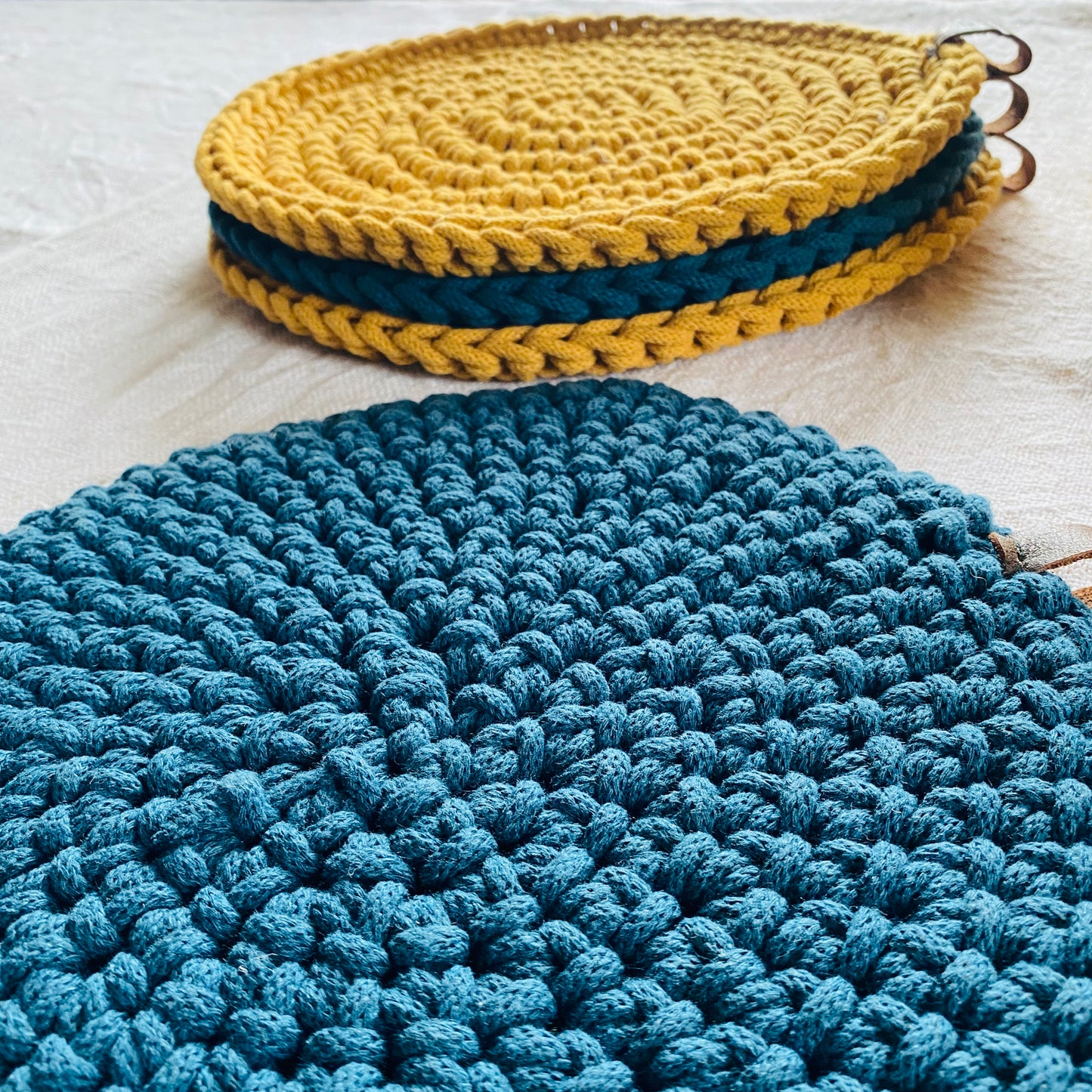 Mustard Yellow and Rich Blue Round Crochet Place Mats - Modern Table Decor