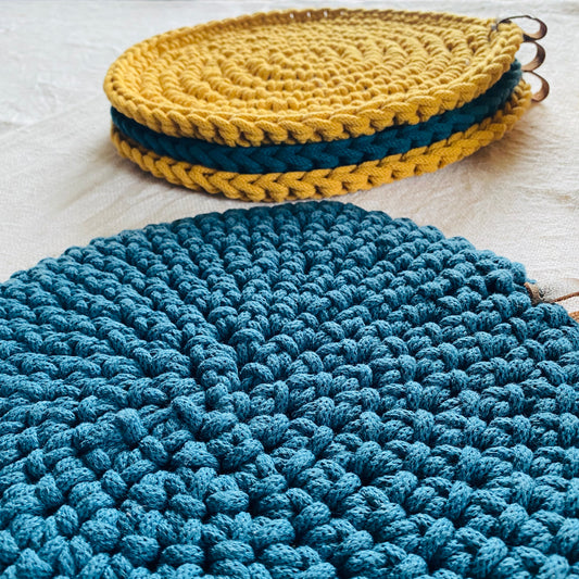 Mustard Yellow and Rich Blue Round Crochet Place Mats - Modern Table Decor
