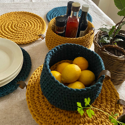 Mustard Yellow and Rich Blue Round Crochet Place Mats - Modern Table Decor