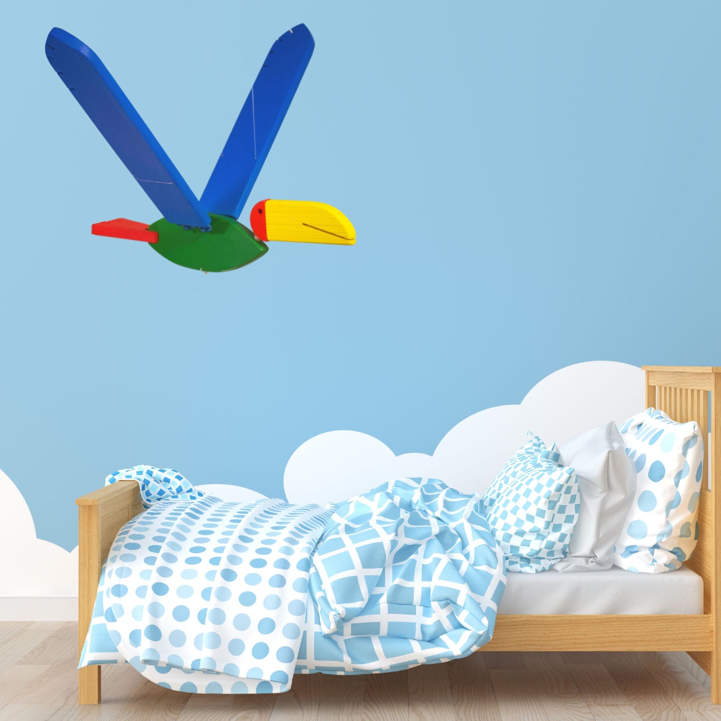 Flying Toucan Wooden Mobile - Colorful Bird Nursery Mobile - Natural Kids Room Decor