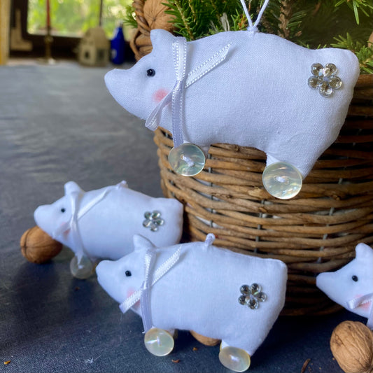 White Pig on Wheels Hanging Ornament
