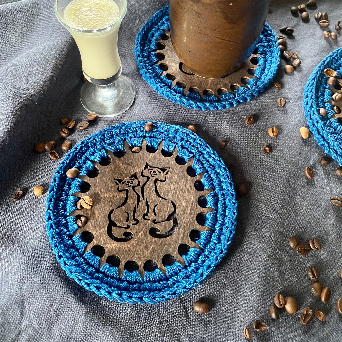 Cat Coaster with Crochet Edge II