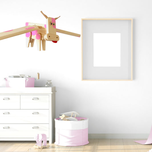 Wooden Flying Cow with Pink Spots