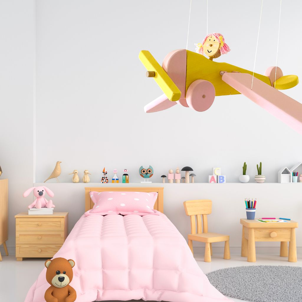 Flying Wooden Airplane with a Girl - Baby Girl Nursery Mobile