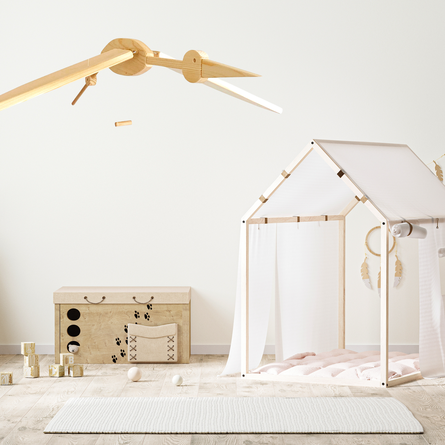 Natural Stork Wooden Mobile - Baby Shower Gift - Unisex Kids Room Decor