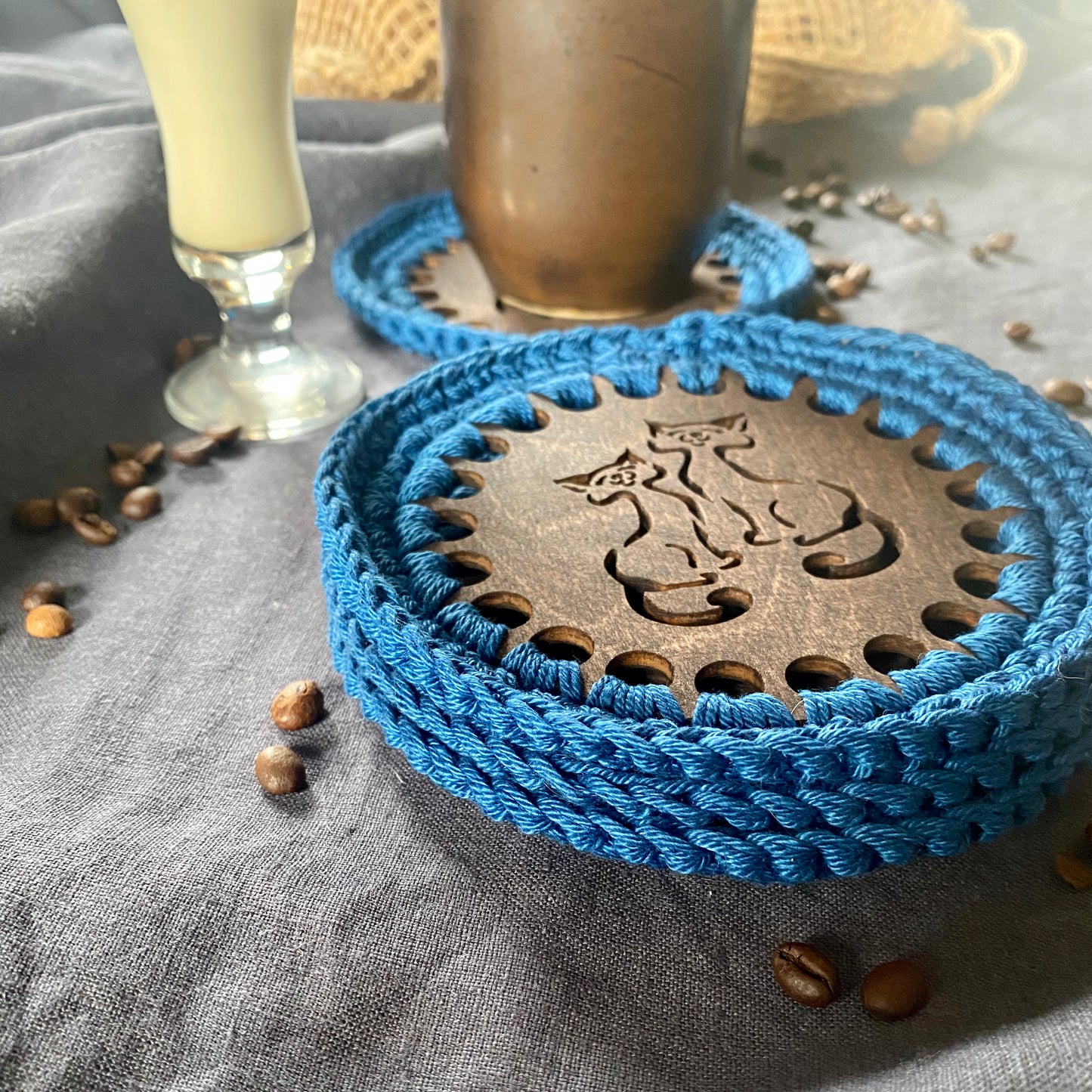 Cat Coaster with Crochet Edge II