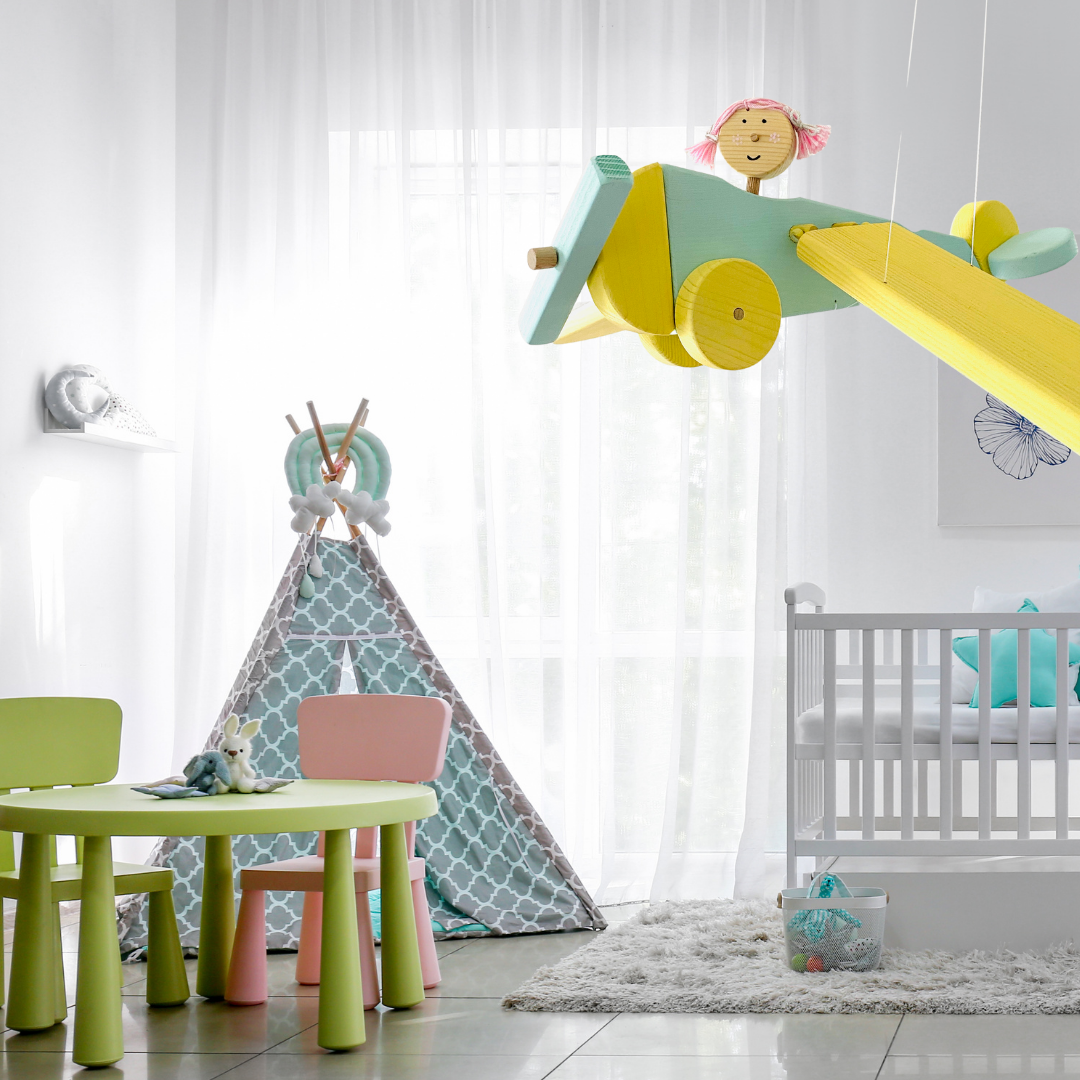 Wooden Airplane Nursery Mobile - Yellow and Turquoise Plane