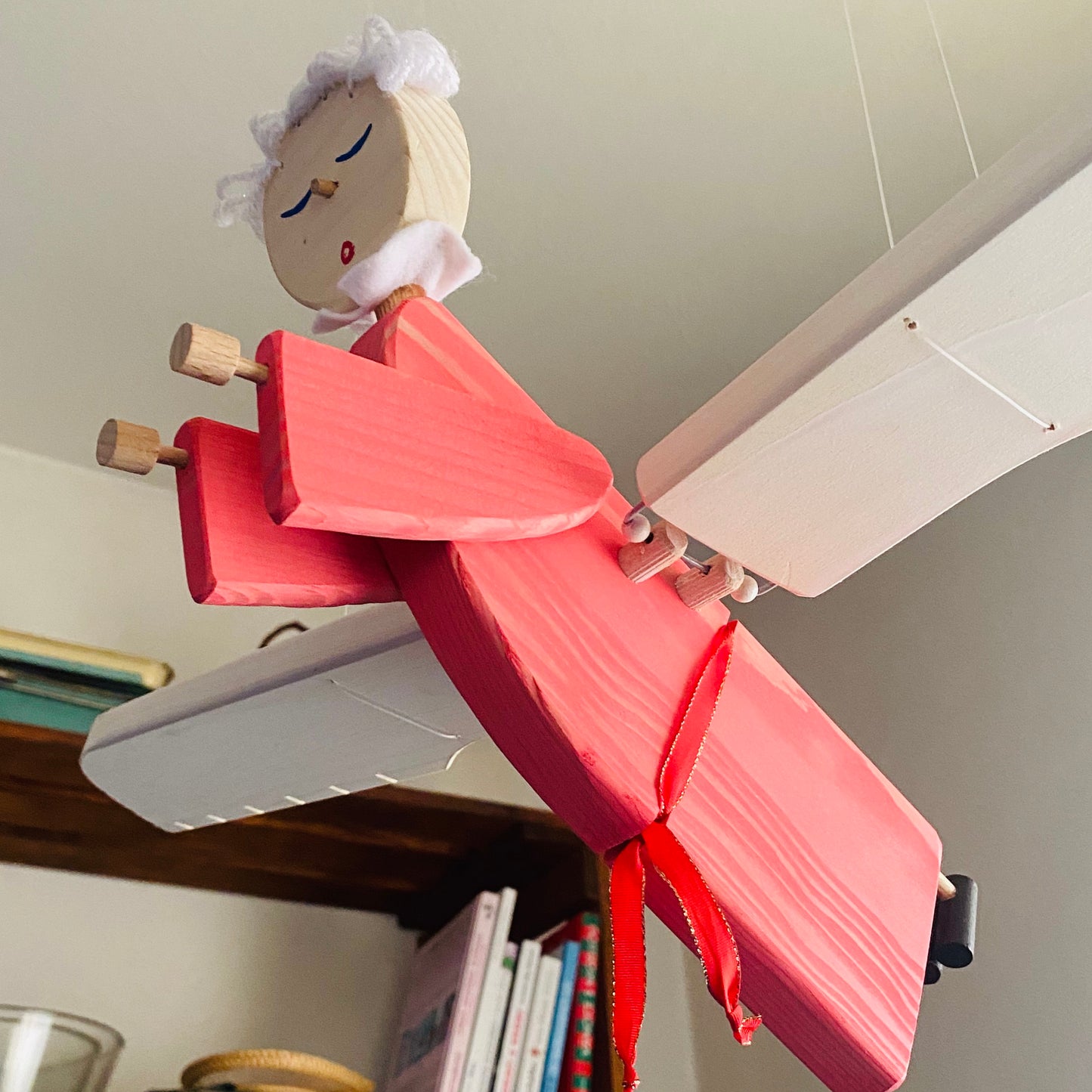 Flying Pink Angel Wooden Mobile  - Baby Girl Nursery - Kids Room Decor