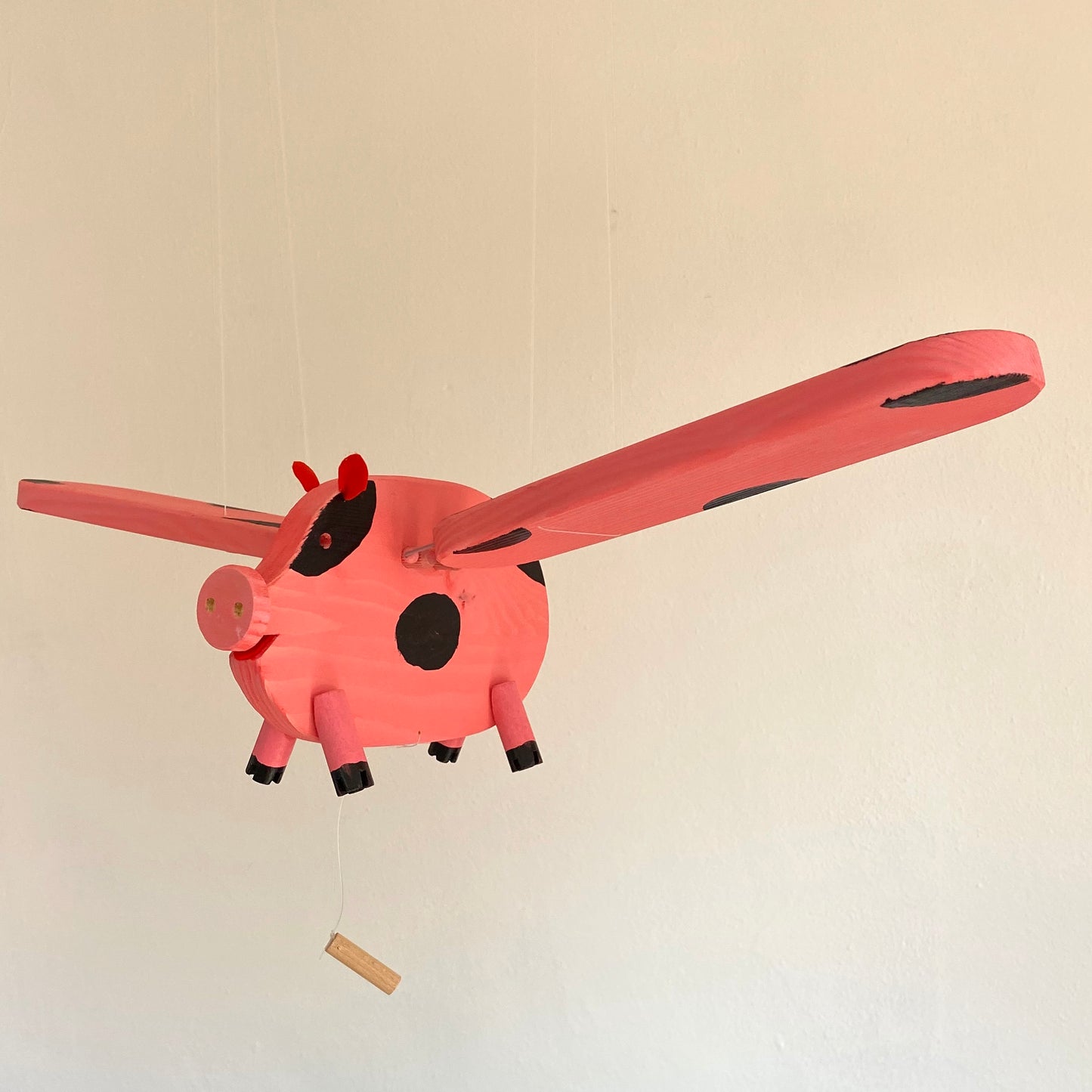 Pink Pig with Black Spots Wooden Nursery Mobile - Eco Friendly Wooden Toy