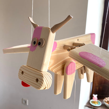 Wooden Flying Cow with Pink Spots - Animal Nursery Mobile