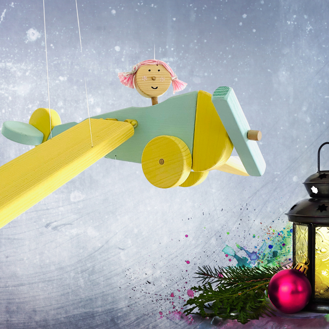 Wooden Airplane Nursery Mobile - Yellow and Turquoise Plane