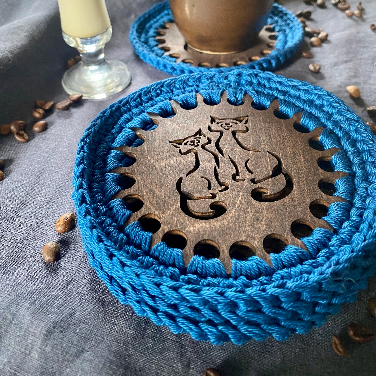Cat Coaster with Crochet Edge II