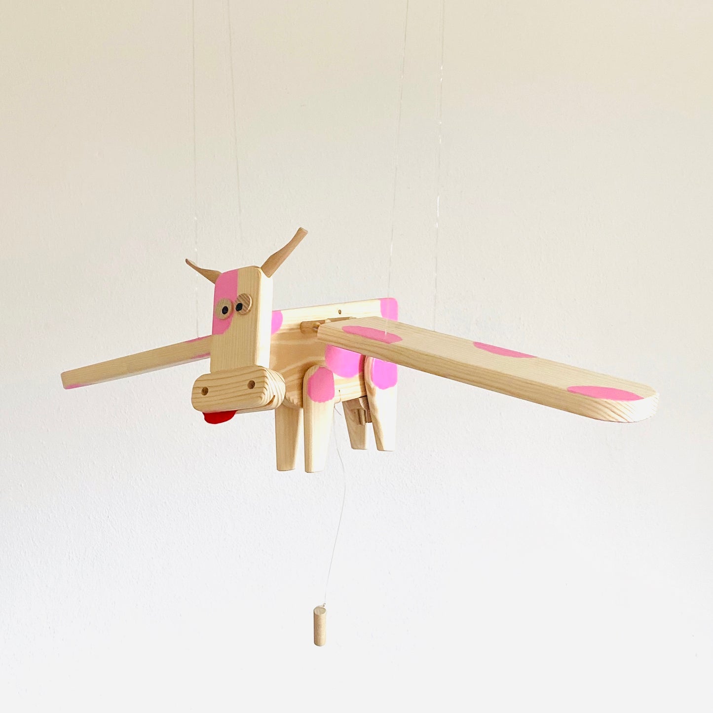 Wooden Flying Cow with Pink Spots - Animal Nursery Mobile