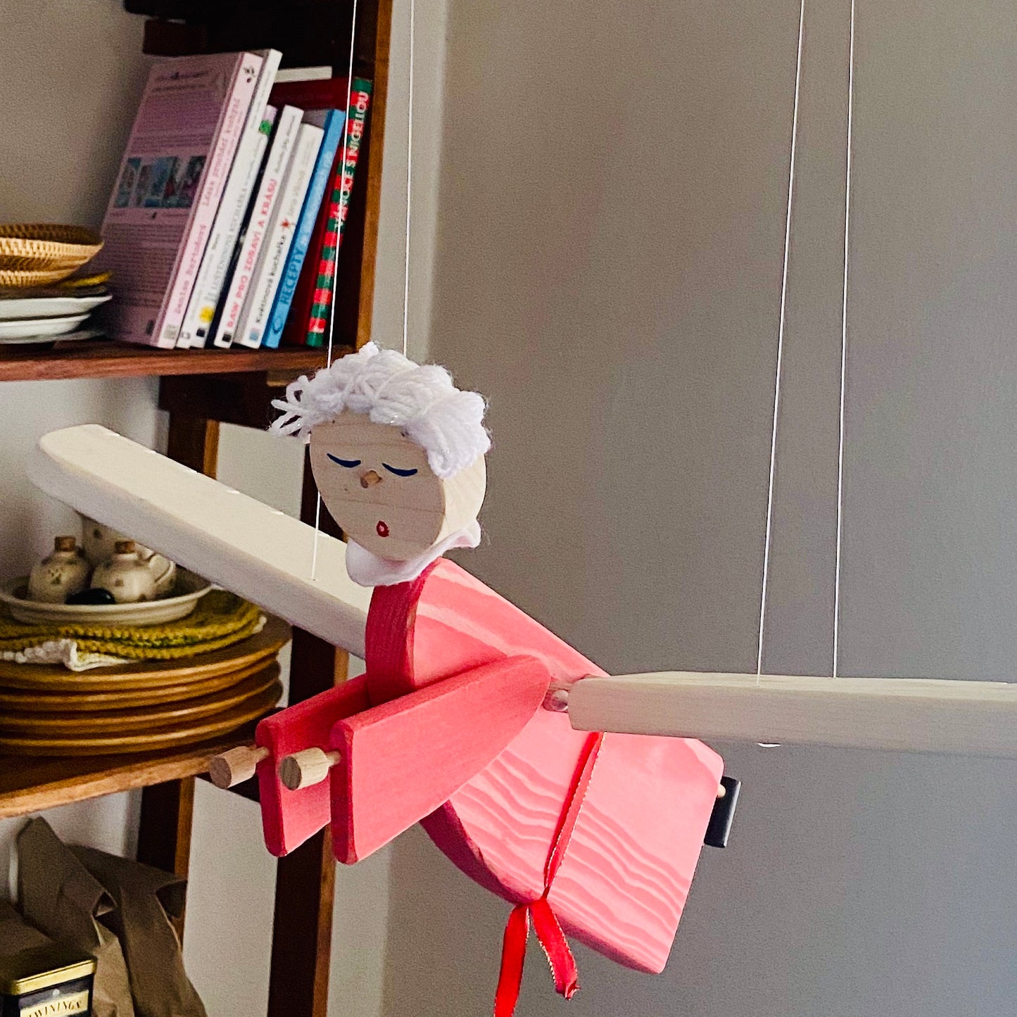 Flying Pink Angel Wooden Mobile  - Baby Girl Nursery - Kids Room Decor