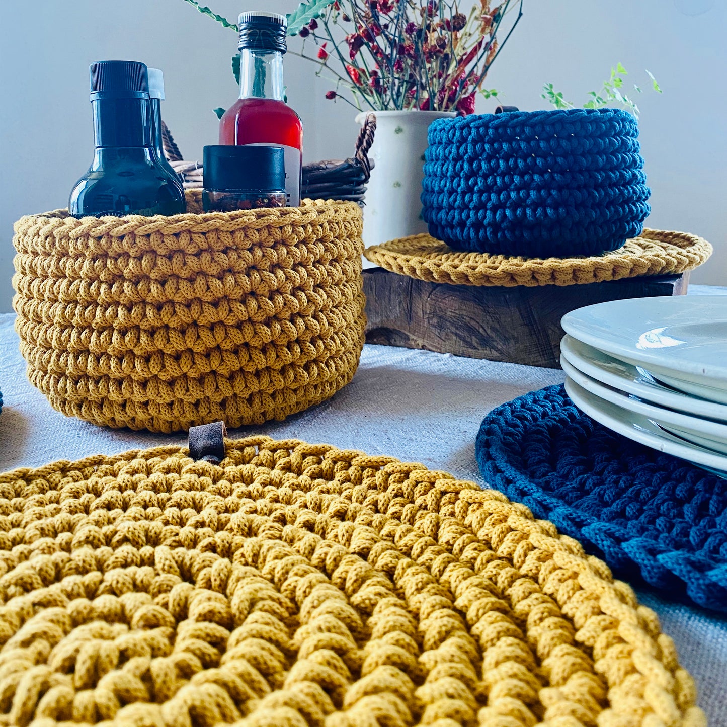 Mustard Yellow and Rich Blue Round Crochet Place Mats - Modern Table Decor