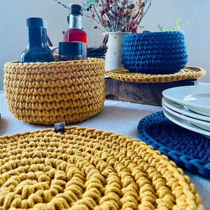 Mustard Yellow and Rich Blue Round Crochet Place Mats - Modern Table Decor