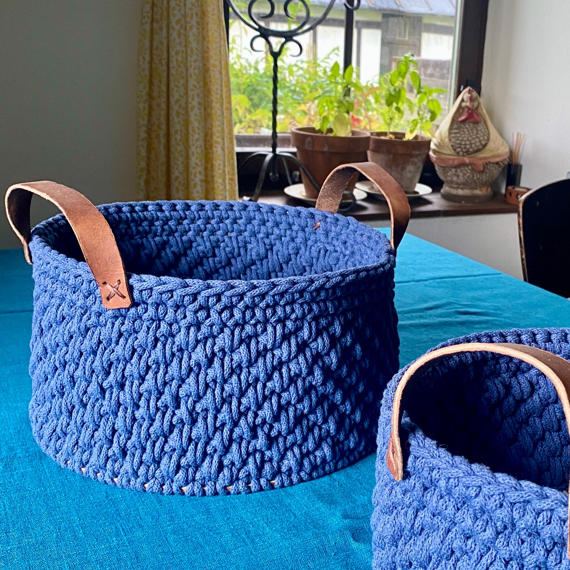 blue crochet storage basket