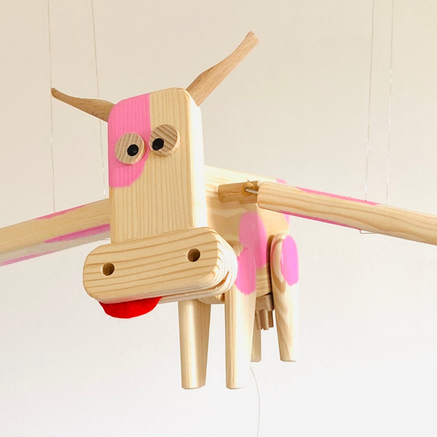Wooden Flying Cow with Pink Spots - Animal Nursery Mobile