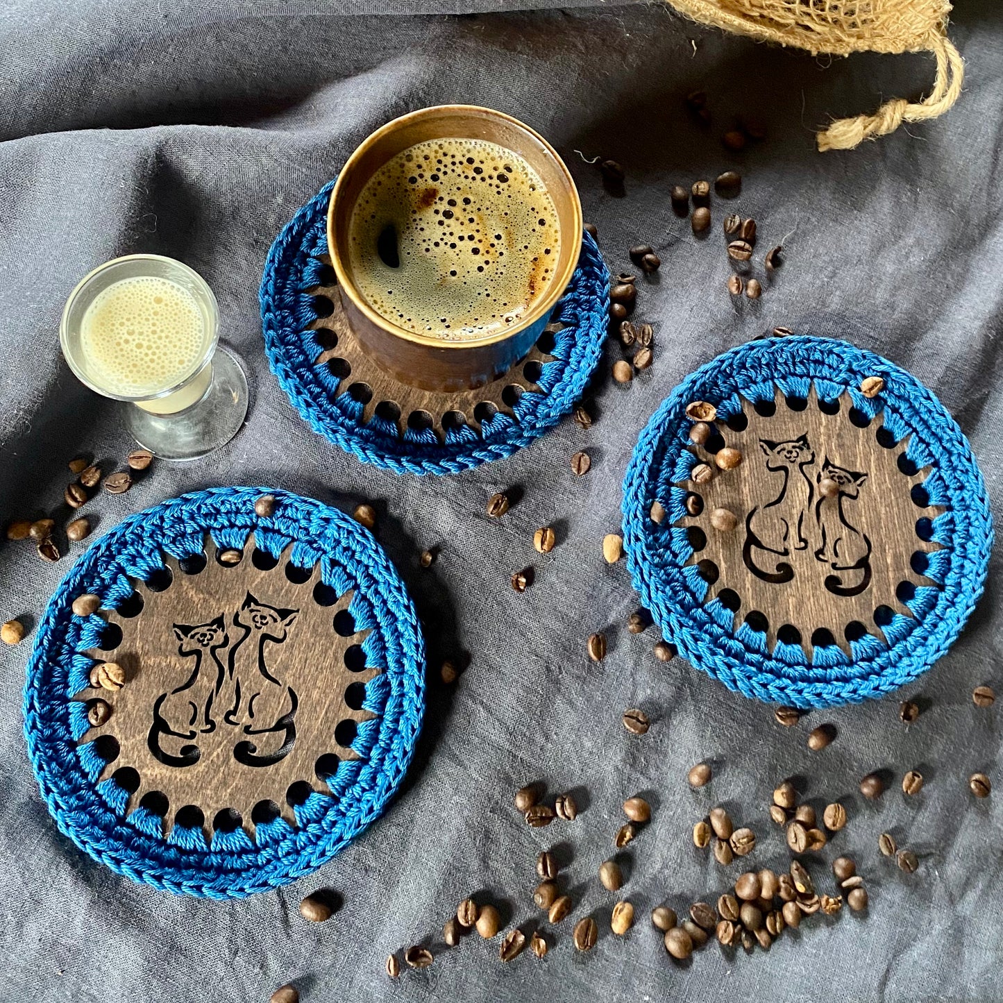 Cat Coaster with Crochet Edge II