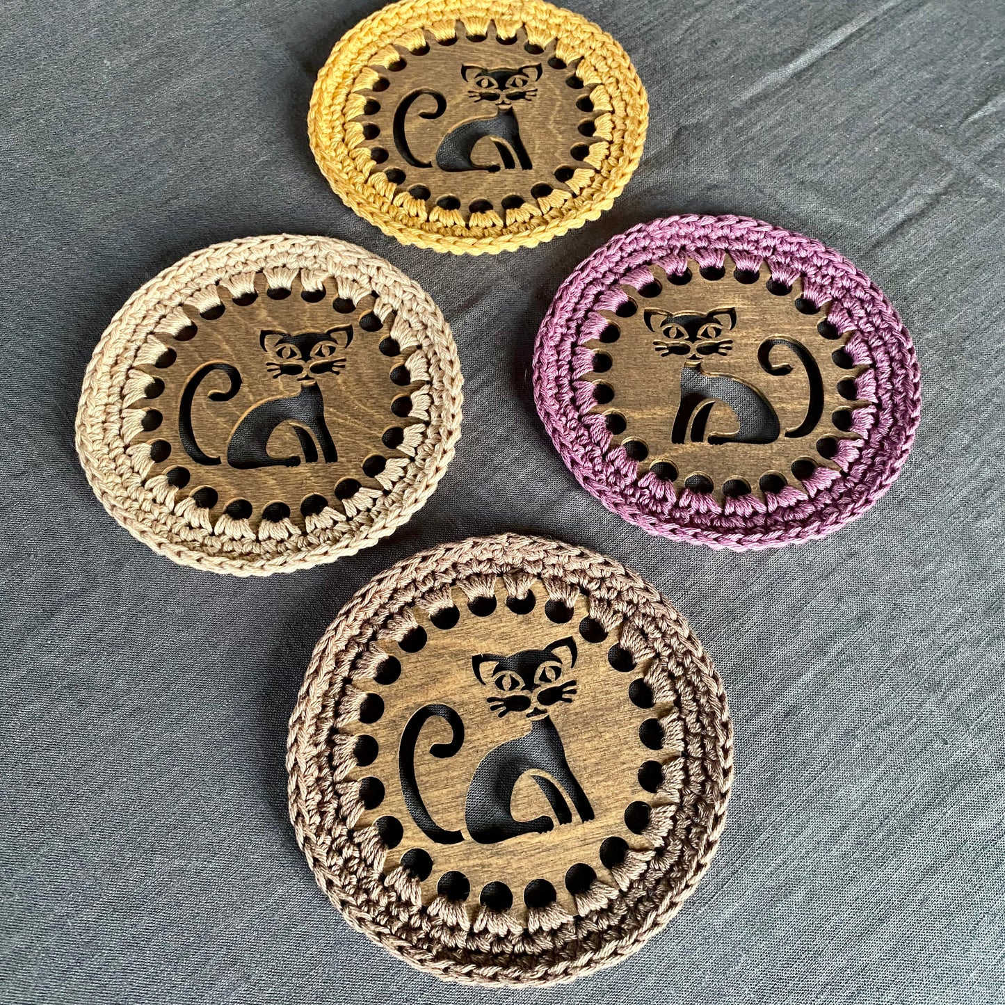 Cat Coasters with Crochet Edge
