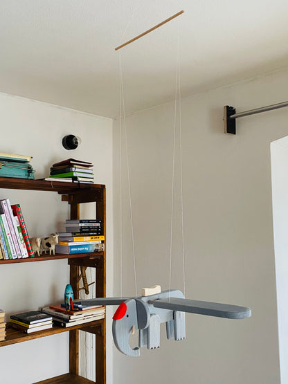 Flying Gray Elephant Wooden Nursery Mobile - Unisex Nursery Decor