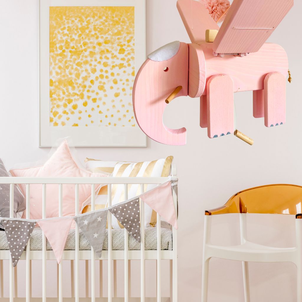 Pink Elephant Flying Wooden Mobile - Baby Girl Nursery Decor