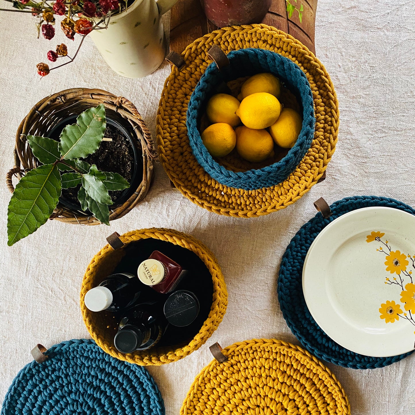 Mustard Yellow and Rich Blue Round Crochet Place Mats - Modern Table Decor
