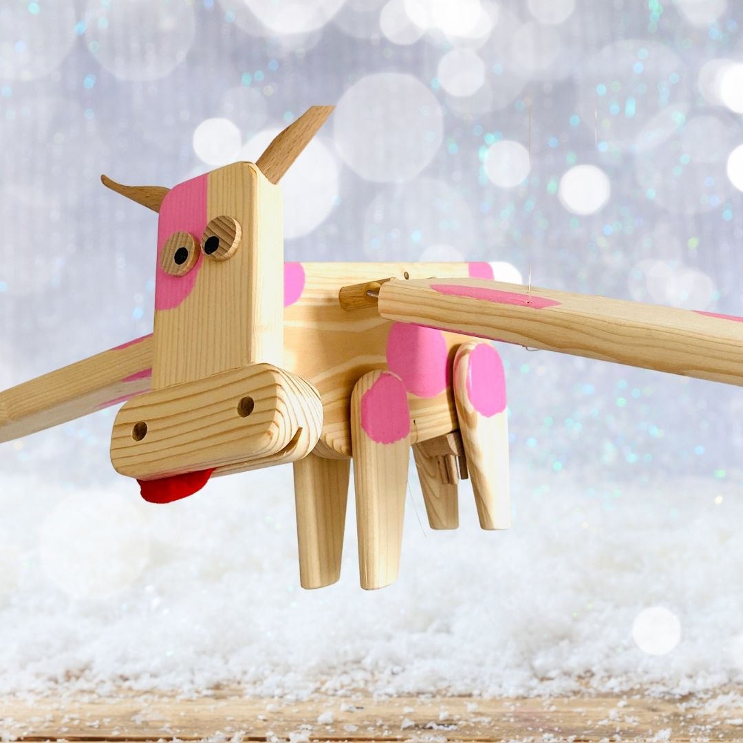 Wooden Flying Cow with Pink Spots - Animal Nursery Mobile