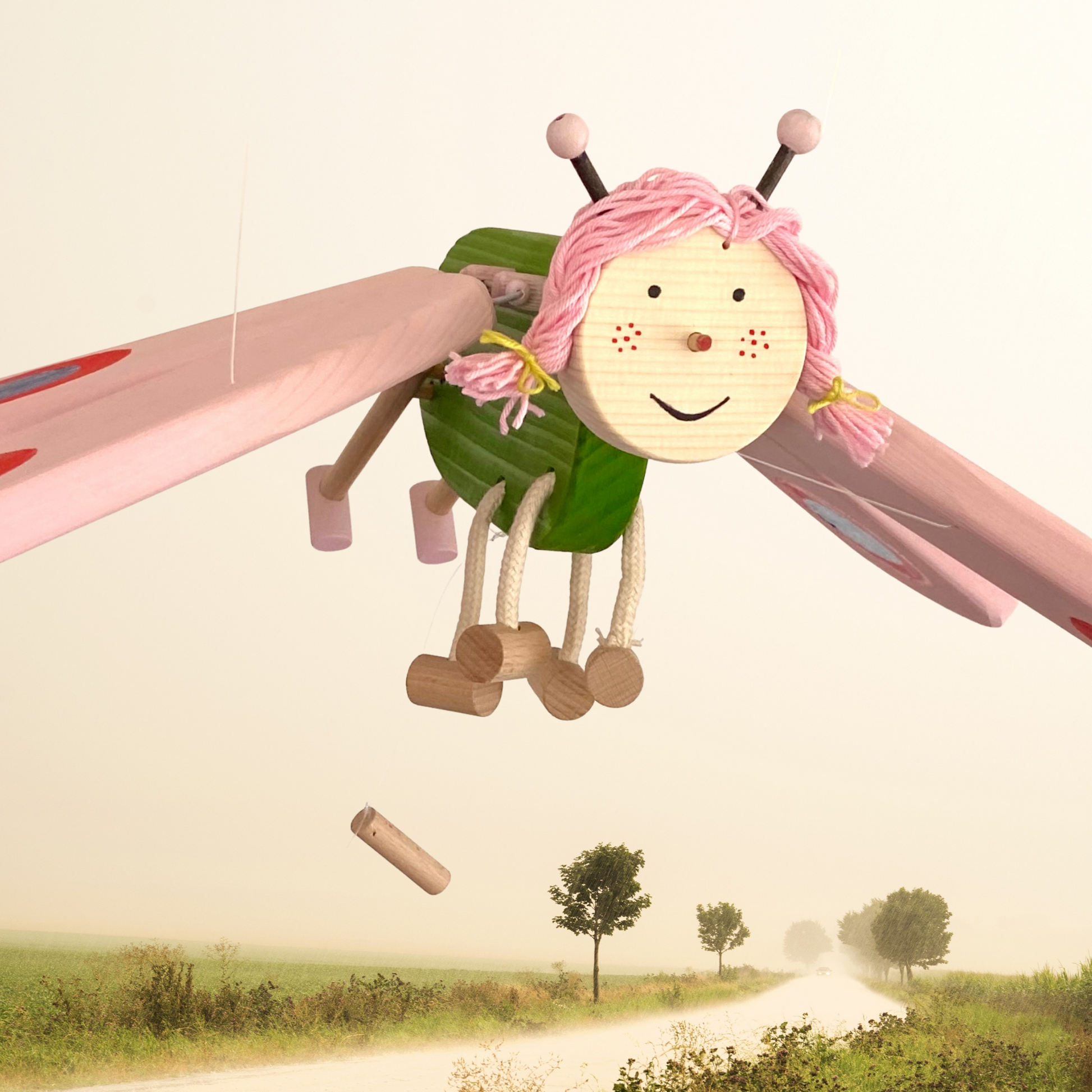 Pink Butterfly Flying Wooden Mobile