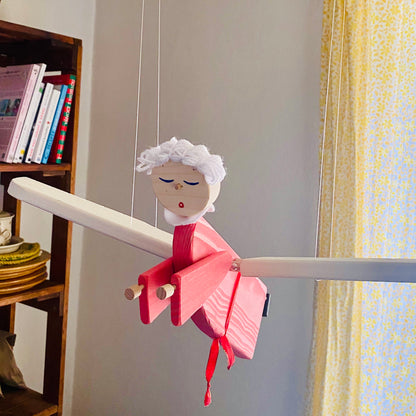 Flying Pink Angel Wooden Mobile  - Baby Girl Nursery - Kids Room Decor