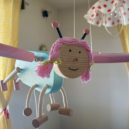 Wooden Pink and Turquoise  Butterfly Mobile - Baby Girl Nursery Decor