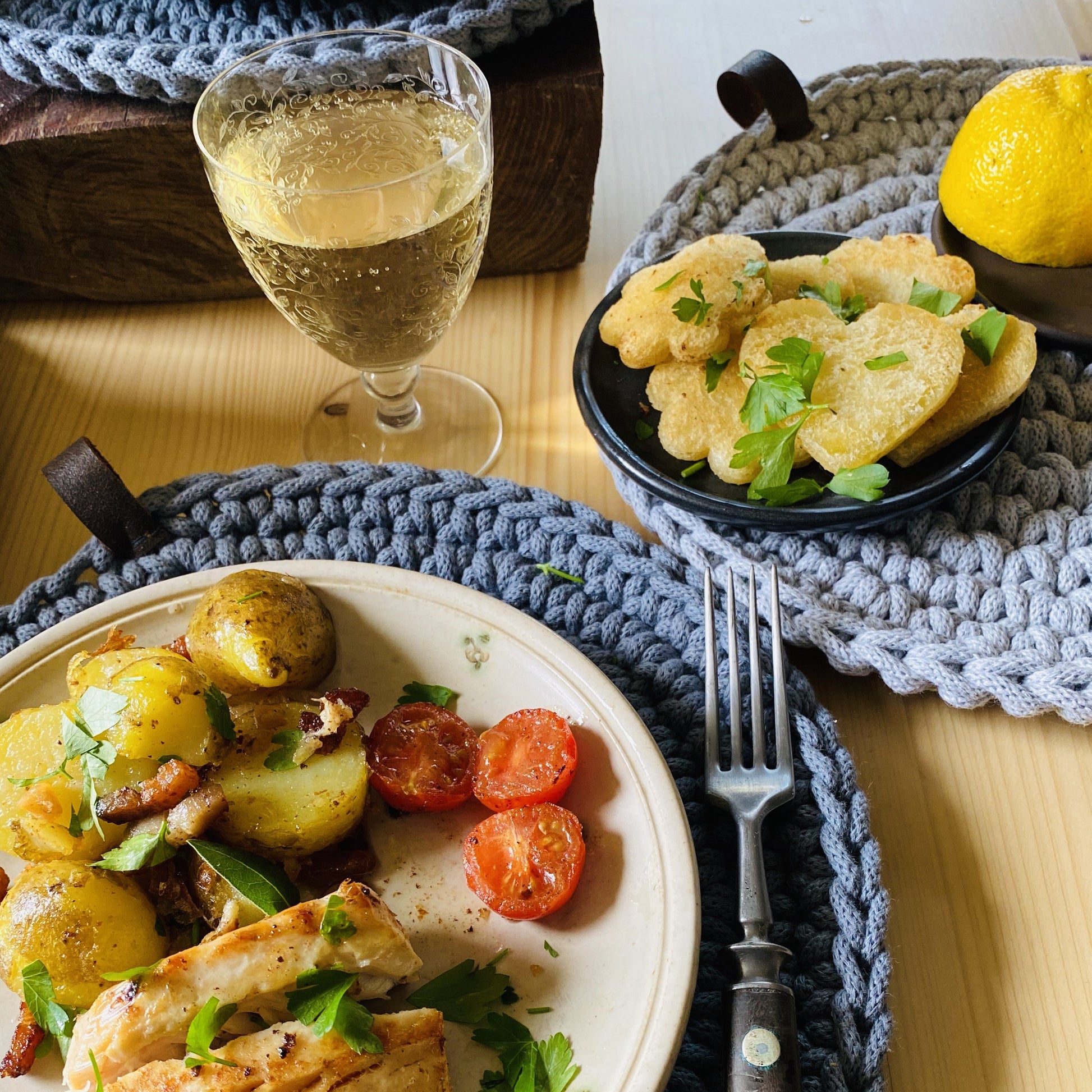 gray crochet place mats