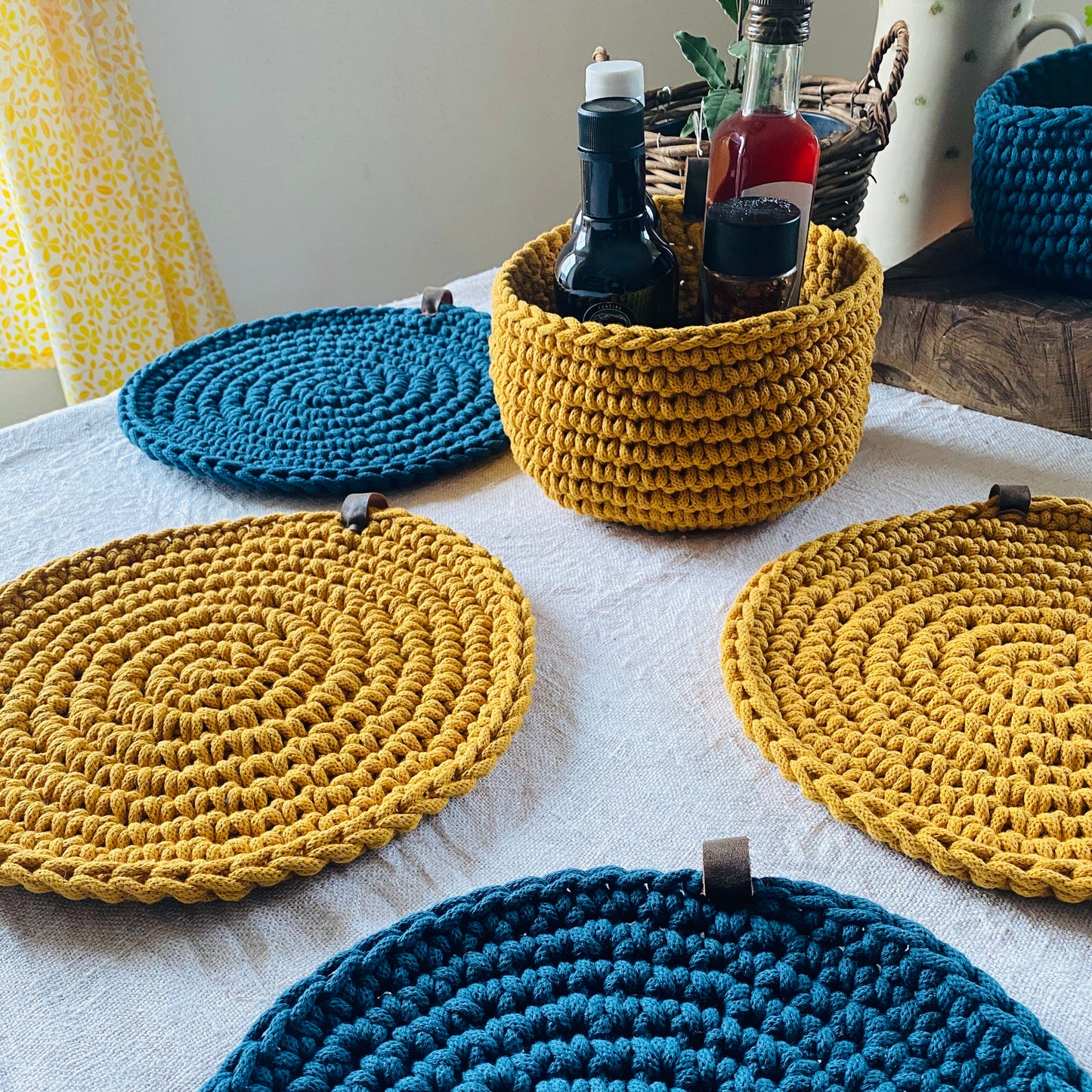 Mustard Yellow and Rich Blue Round Crochet Place Mats - Modern Table Decor