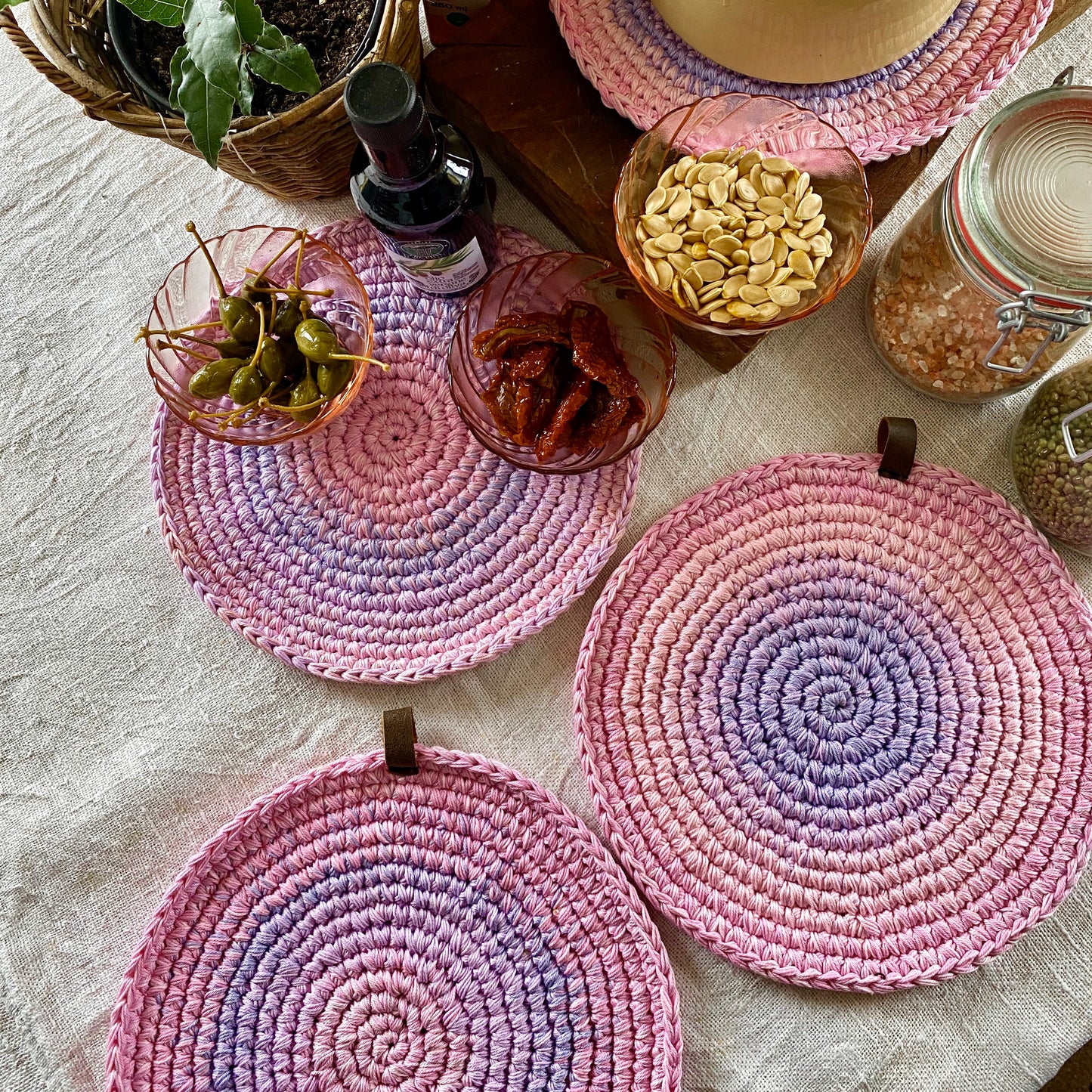 Round Lavender Crochet Place Mats - Cottage Decor Kitchen Set of 4
