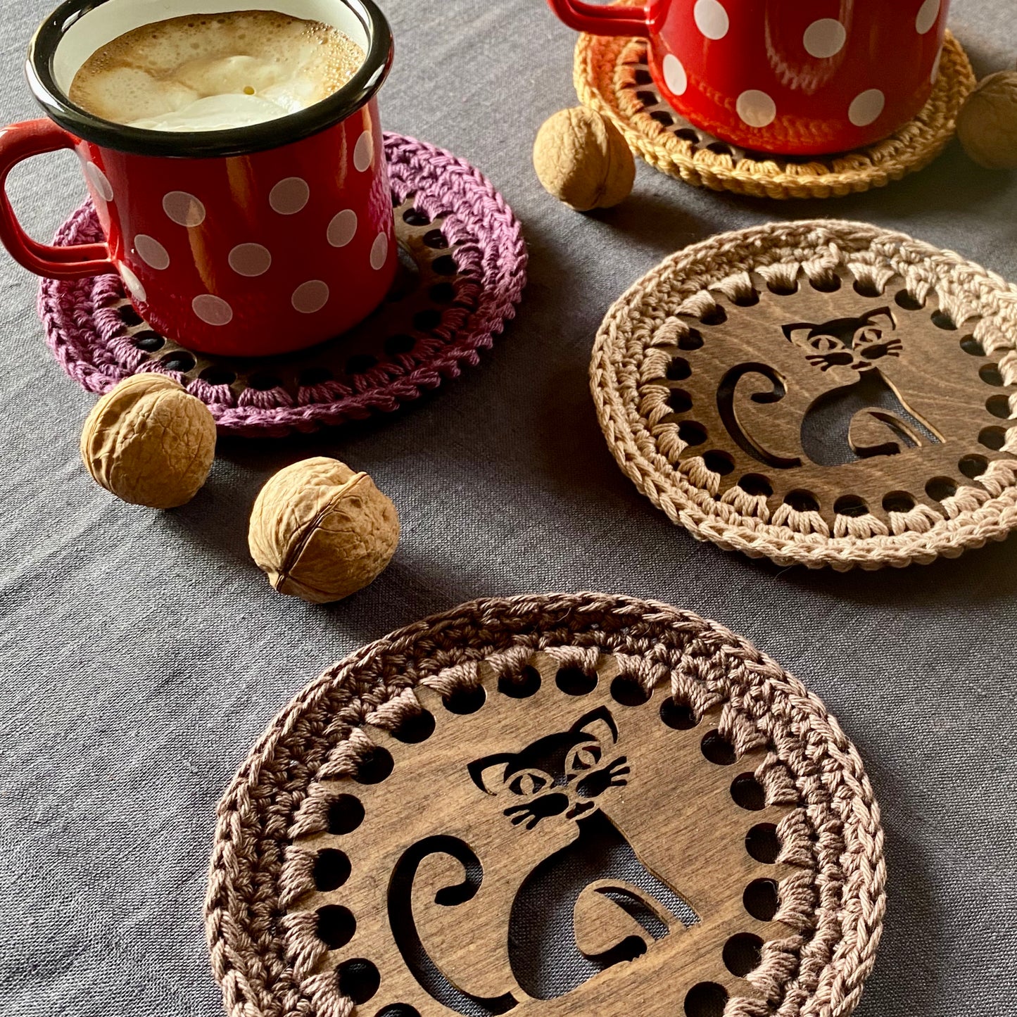 Cat Coasters with Crochet Edge