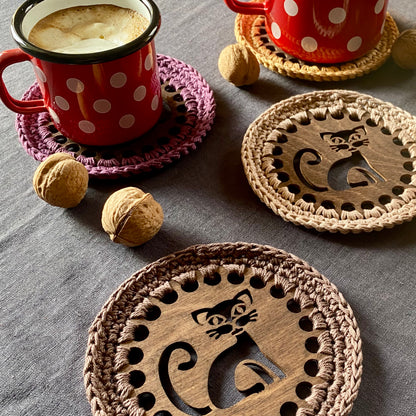 Cat Coasters with Crochet Edge